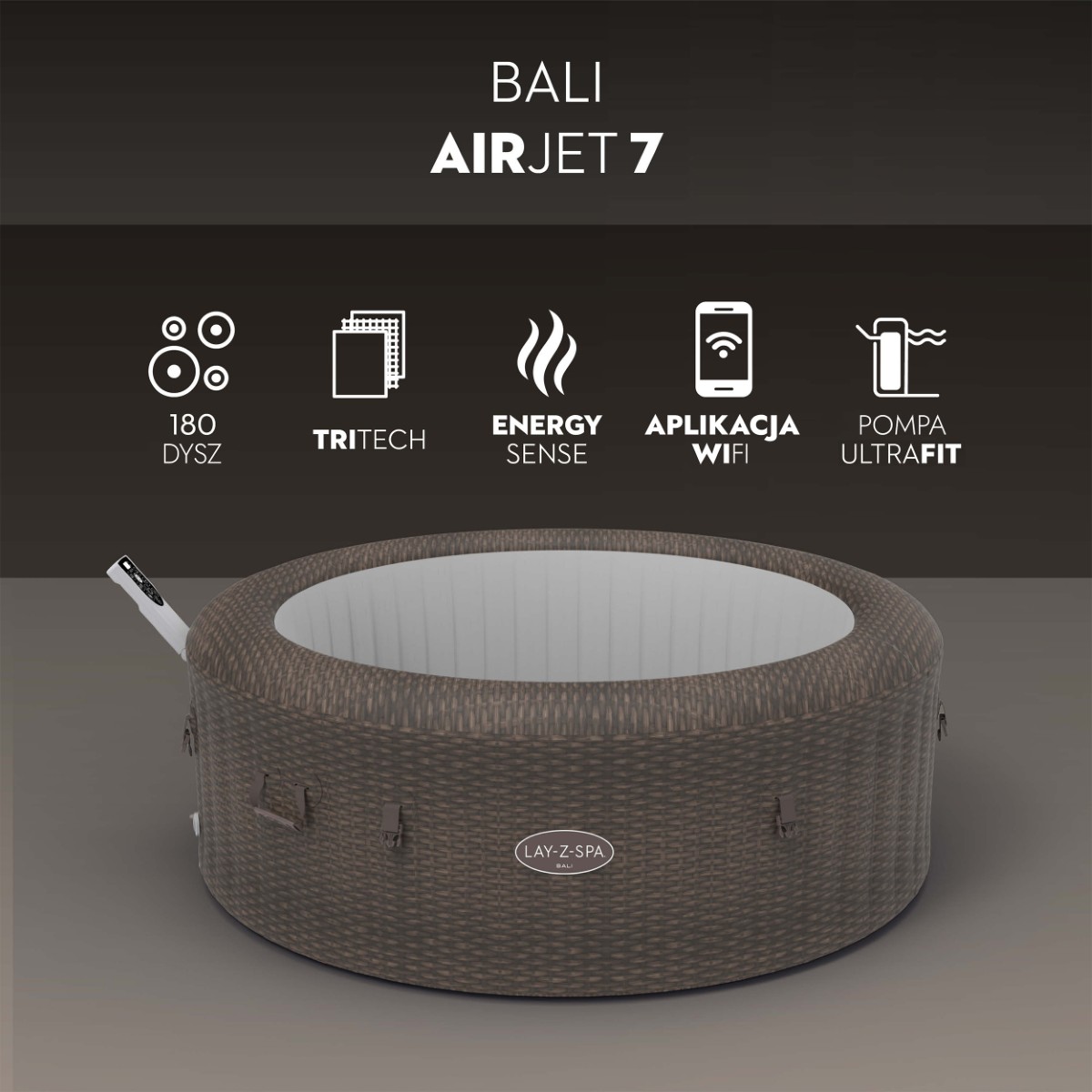 Model oferuje 180 dysz, sterowanie przez aplikację WiFi oraz wydajną pompę UltraFit. Całość zamknięta w stylowej, rattanowej konstrukcji.